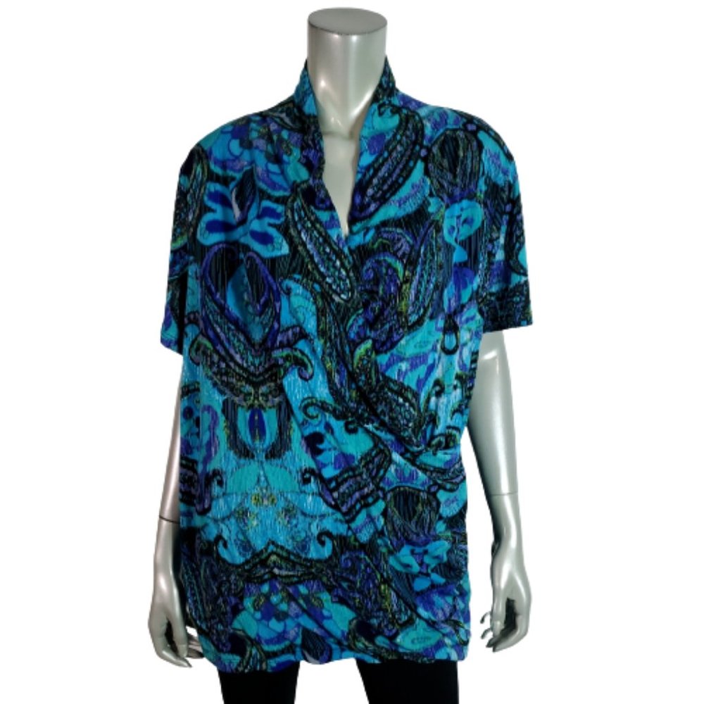 Dressbarn Top Plus Size 22/24 Surplice Stretch Faux Wrap‎ Pullover Blue Casual